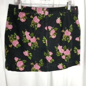 Corduroy Wild Fable Pink Roses Grey Mini Skirt 12 Button Pockets Zipper Scandi